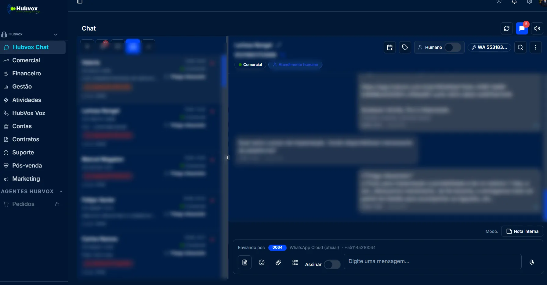 Tela do Hubvox Chat com atendimento no WhatsApp Oficial